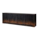 angled side view highlighting panel edges, door fronts, and subtle leg detail in distressed wood