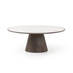 Alternate side angle of tapered oak base beneath white marble table top