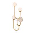 Side angle of Highsmith Wall Sconce with warm white milk glass globes and curved brass arms