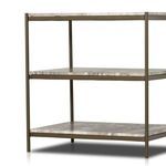 Nightstand three-quarter angle showing full marble shelves with variegated tones and brass frame