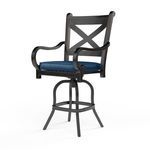 Monterey Barstool with curved armrests, X-back design, swivel base, Espresso finish, and blue seat cushion