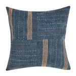 Blue patchwork variant with stitched lines and rust-colored vertical stripes on front