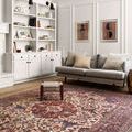Loren Sand Multi Rug styled in bright living room with gray sofa and white shelves