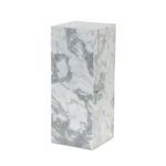 Modern marble pedestal table in a monolithic rectangular shape with grey and white veining