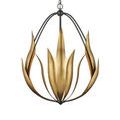 Front-facing chandelier with focus on symmetrical placement of brass leaves in aged steel frame