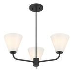 Blair chandelier viewed from below highlighting the matte black frame and smooth white glass shades