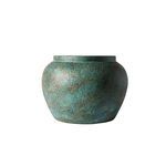 Round turquoise jar with a mottled textured surface in blue and brown hues, wide body, narrow flat rim