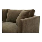 Close-up of Bryn sectional’s right armrest with two large back cushions and soft velvet fabric