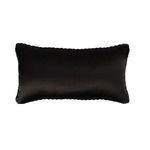 Black outdoor throw pillow with smooth satin-like fabric and stitched edges, no knit texture
