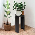 Styled Luna Black End Table in corner of room with wood floor, potted plants on top, and wicker basket nearby