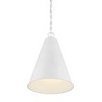 Pendant light shown with illuminated shade casting warm light downward