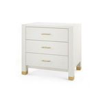Camden 3-Drawer Side Table in sand white finish with brass-capped legs and twig-inspired brass drawer pulls