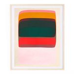 Abstract mixed-media artwork with layered horizontal blocks in pink, red, green, brown, and orange in a light wood frame
