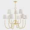 Front view of Amina Chandelier showing symmetrical arrangement of nine lights with brass arms and linen shades