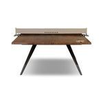 Front view of table showing beige sling net and paddle on right side of oak top