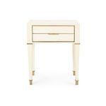 Front view of side table showing single centered drawer and brass-accented tapered legs