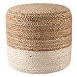 Cylinder pouf with ombre braided jute in beige top half and white bottom half