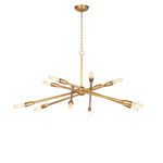 Chandelier viewed from below highlighting horizontal spread of metal arms and bulbs