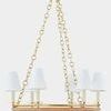 Side profile view of Swanton Chandelier highlighting thin aged brass chain and side view of linen shades and rattan ring