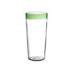 Tall clear borosilicate high ball glass with 13 fl oz capacity and green colored band near rim
