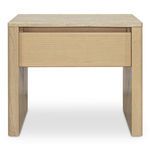 Blake coffee table with travertine top and solid ash base featuring bullnose-rounded edges