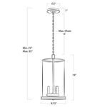 Technical drawing showing dimensions and max chain length for the Adria polished nickel pendant