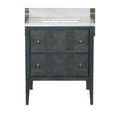 Straight front view of vanity emphasizing concentric circle rattan drawer panels and brass knobs