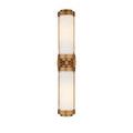 Lit sconce front view brightened with visible metal brackets inside corners of glass tubes