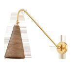 Isolated product image with plain background, showing plug-in sconce with rattan shade and brass arm