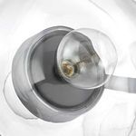 Close-up of single clear glass globe with visible bulb and black brass socket