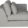 Side profile of sofa highlighting cushion thickness and textured identified dove fabric