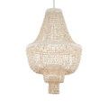 Medium shot of entire chandelier suspended by chain against a warm textured wall