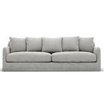 Front view showing five evenly spaced back cushions on ash slipcovered outdoor sofa