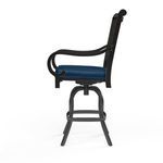 Side view highlighting curved armrest shape, profile of X-back, and swivel base detail