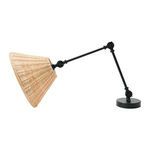 Wall sconce viewed from opposite side, showing arm extended and rattan shade angled downward