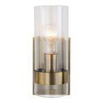 1 light wall sconce with clear cylindrical glass and wide antique brass ring on a rectangular brass backplate