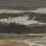 Tight detail of dark ocean wave and sandy shore highlights with dry brush paint texture