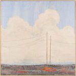 painting of expansive cloudy sky over muted earth with two tall utility poles and wires, accented by orange and turquoise ...