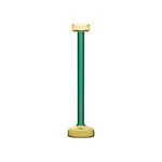 Tall glass candle holder with a green cylindrical stem and yellow rimmed base and top