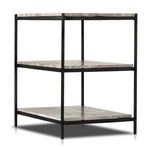 Side angled close-up focusing on top and middle marble shelves and hammered iron frame