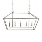 Rectangular chandelier in antique silver leaf with five candle-style lights and metal wrap frame detail