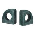 Angled side perspective of the set highlighting thickness and form of the green marble sculptures
