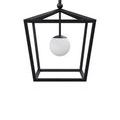 Front view with light turned off, showing frosted glass globe suspension inside black frame
