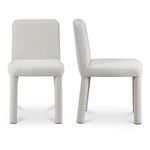 Place dining chair set with heavy upholstery in light neutral fabric, featuring clean lines and rounded legs