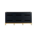 Back panel of navy media console with ventilation slats and gold legs