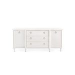 Front view highlighting the lacquered grasscloth texture on drawer and door panels