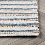 Low-angle side view of rug edge highlighting thickness and layered natural fiber texture