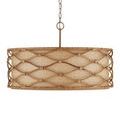 Front view illuminated pendant showing lattice silhouette and soft glow through grasscloth