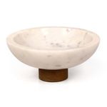 Round white marble bowl with subtle gray veining on a short auburn mango wood pedestal base