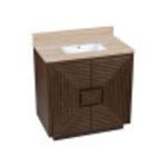 Top-down angled shot showing undermount rectangular sink within travertine countertop